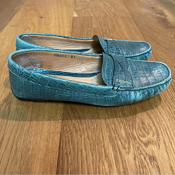 Prada Green Crocodile Embossed Leather Penny Loafer Size EU 37 = US 7 - Picture 4 of 12
